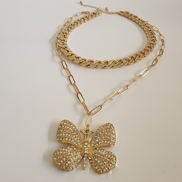 NEW Duble Rhinestone Gold Chain Butterfly Necklace Set - Picture 2 of 10